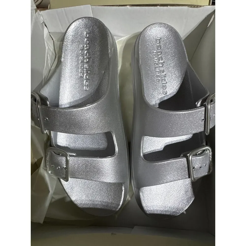J/Slides NYC Silver Buckle Platform Sandals Slide Shoes Women Size 10